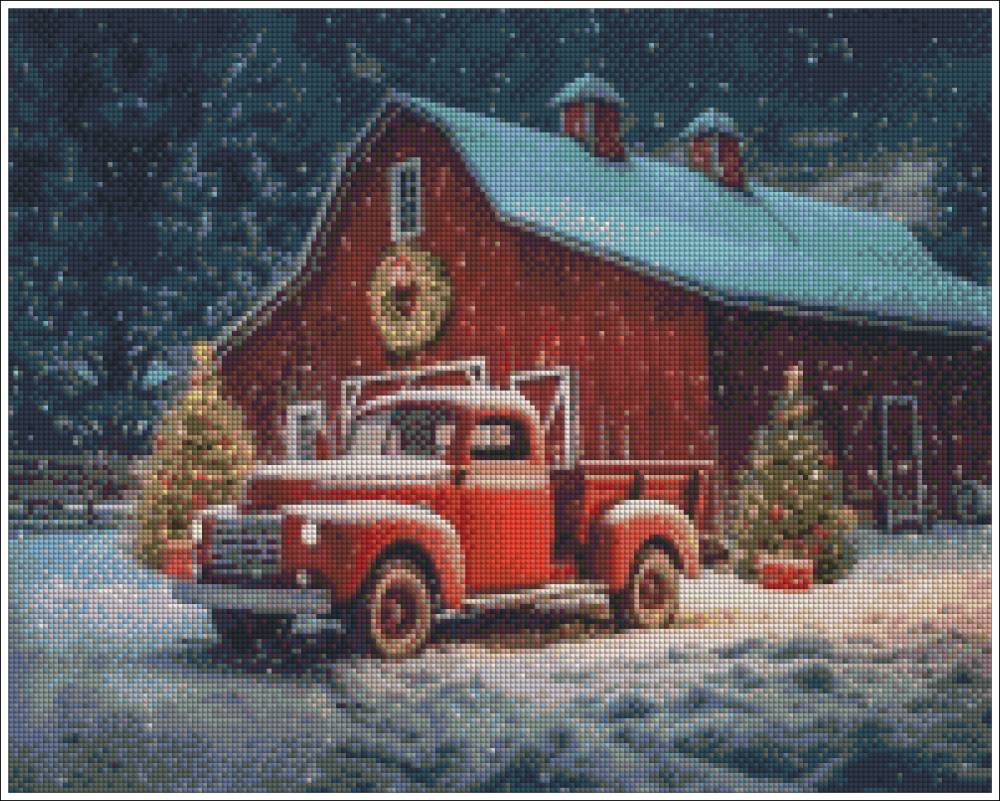 A festive winter scene featuring a red vintage pickup truck parked in front of a red barn covered in snow, with Christmas trees and a wreath under falling snow. Red Truck in the Snow - Diamond Art