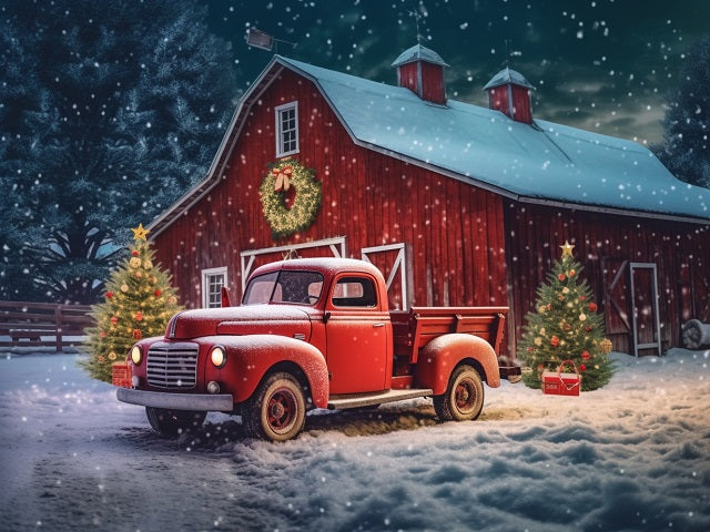 A red vintage pickup truck parked in front of a snow-covered red barn at night during a snowfall, with Christmas trees and a wreath on the barn. Red Truck in the Snow - Diamond Painting