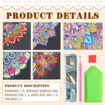 Product details graphic for a diamond painting, showing six colorful rhinestone-patterned bookmarks, the kit contents including a tray, pen, glue, and a green palette, and a product description text box on a beige background.