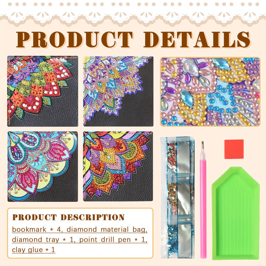 Product details graphic for a diamond painting, showing six colorful rhinestone-patterned bookmarks, the kit contents including a tray, pen, glue, and a green palette, and a product description text box on a beige background.