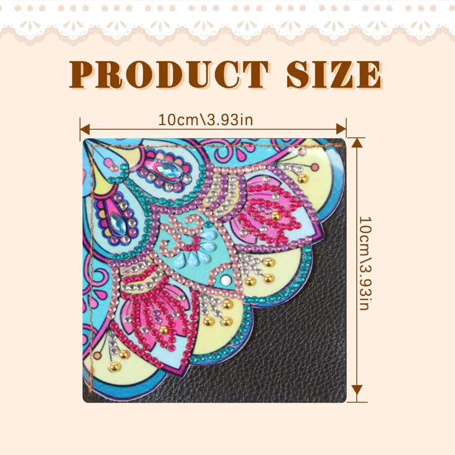 Product size diagram showing a square decorative patch with ornate multicolor  rhinestone embellishments, labeled 10cm by 10cm (3.93in by 3.