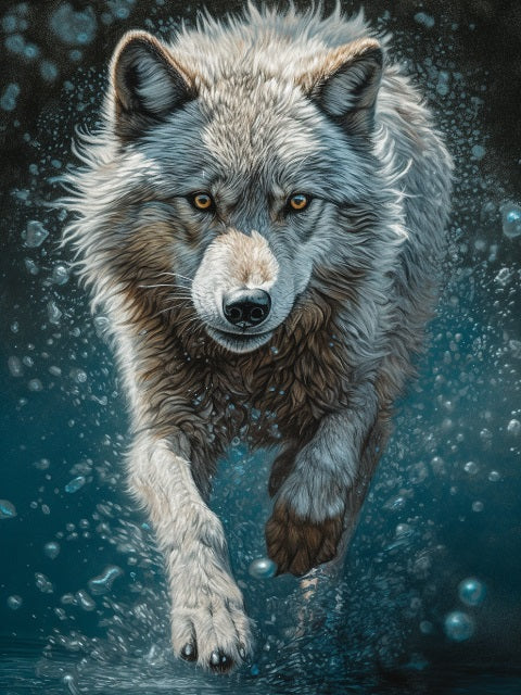 Wolf emerging from water with a dark background. Running Wolf - Diamond painting
