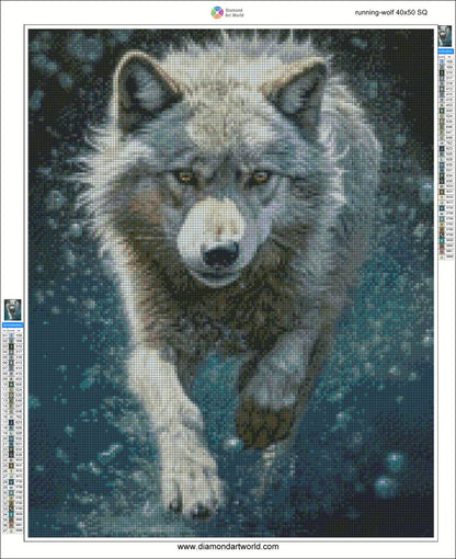Diamond painting of a wolf running with a dark blue background.  Running Wolf - Diamond painting layout
