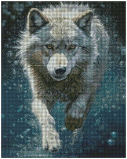 Wolf in a snowy landscape.  Running Wolf - Diamond art