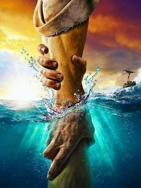 Two hands reaching out to each other with a dramatic sky and water background. Saved by Jesus - Diamond Painting