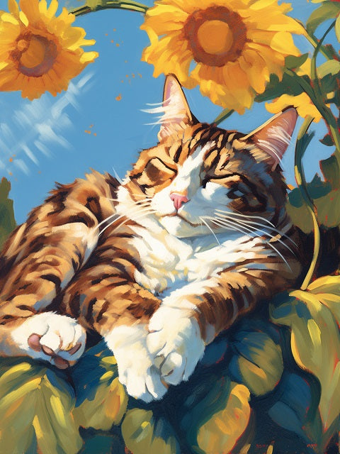 Sleeping Cat and Sunflowers - Diamond Painting