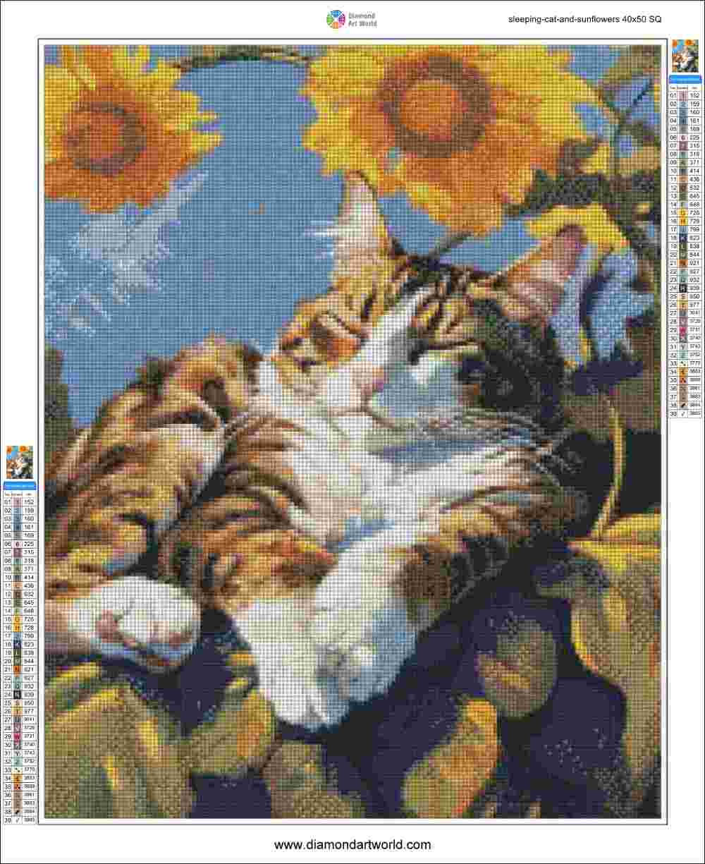 Sleeping Cat and Sunflowers - Diamond Painting Layout