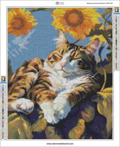 Sleeping Cat and Sunflowers - Diamond Painting Layout