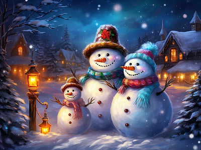 A festive winter night scene showing three snowman children standing in the snow with glowing lanterns, warm house lights, falling snow, and a blue evening sky in the background. Christmas Snowman Family - Diamond Painting