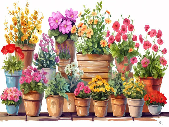 A colorful watercolor-style illustration of many potted flowers arranged on a shelf against a white background. The arrangement includes yellow, pink, orange, red, purple, and white blossoms in terracotta, brown, blue, and white pots. So Many Flowers - Diamond Painting