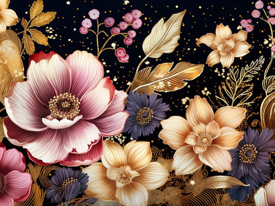Colorful floral design with pink, gold, and purple flowers on a dark background. Starlit Blossoms - AB Diamond Painting