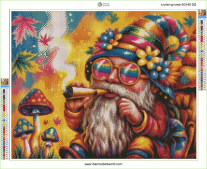 Colorful gnome smoking a pipe with mushrooms and flowers in the background, diamond painting design. Stoner Gnome - Diamond painting layout