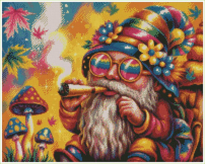 Colorful gnome smoking a pipe with mushrooms and flowers in the background. Stoner Gnome - Diamond Art World