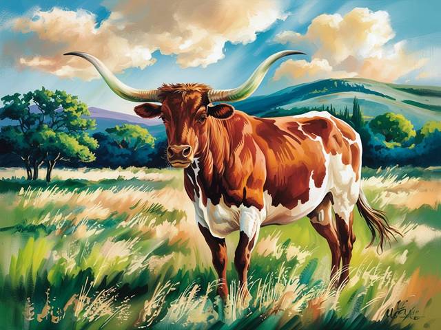 A painted landscape scene featuring a longhorn cow standing in a grassy field under a dramatic cloudy sky, with trees and rolling hills in the background. Texas Longhorn