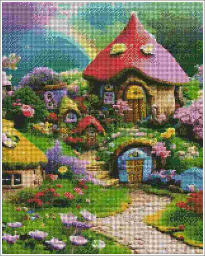 A colorful fantasy cottage scene with mushroom-shaped houses, a winding stone path, flowers, and a rainbow in the background. The Village of Dwarves - Diamond Art