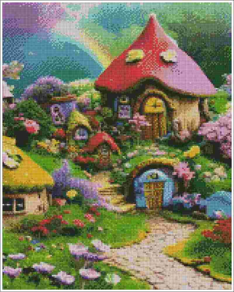 A colorful fantasy cottage scene with mushroom-shaped houses, a winding stone path, flowers, and a rainbow in the background. The Village of Dwarves - Diamond Art