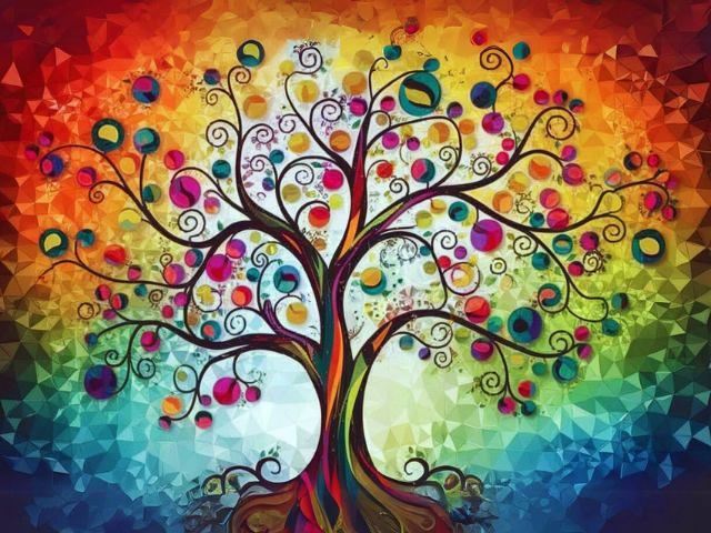 A vibrant, colorful abstract painting of a stylized tree with swirling branches and multicolored circular leaves, set against a geometric, faceted background that transitions from fiery red and orange at the top to blue and green at the bottom. Tree of Life  - Diamond Painting