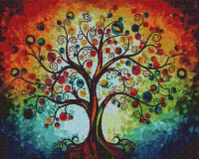 A colorful tree artwork with swirling branches and many circular fruits in red, blue, yellow, green, and orange, set against a warm orange sky and blue-green ground. Tree of Life  - Diamond Art