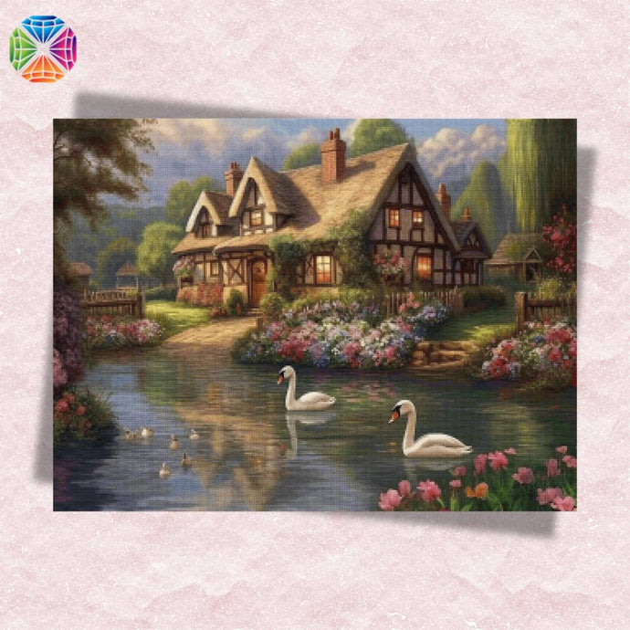 Village House by Lake - Diamond Painting