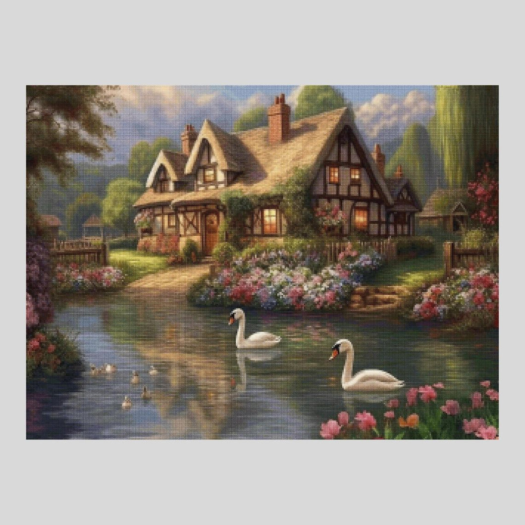 Village House by Lake - Diamond Painting