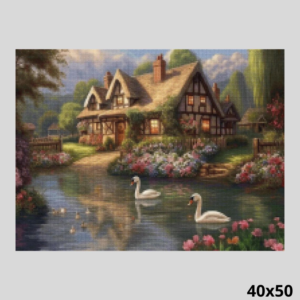 Village House by Lake 40x50 - Diamond Painting