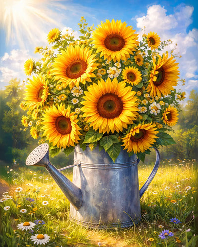 Bouquet of sunflowers in a watering can with a scenic background. Vintage Idyllic Sunflowers - Diamond Painting