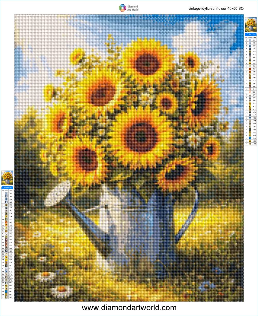 Diamond painting of sunflowers in a watering can with a scenic background. Vintage Idyllic Sunflowers - Diamond Painting Layout