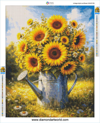 Diamond painting of sunflowers in a watering can with a scenic background. Vintage Idyllic Sunflowers - Diamond Painting Layout