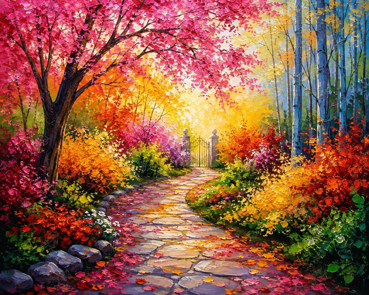 A colorful painting of a winding stone path through a lush autumn forest, with pink, orange, yellow, and red foliage, bright sunlight, and tall pale trees on the right. Walk in Park - Diamond Painting