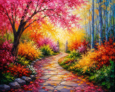 A colorful painting of a winding stone path through a lush autumn forest, with pink, orange, yellow, and red foliage, bright sunlight, and tall pale trees on the right. Walk in Park - Diamond Painting