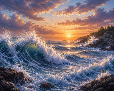 Sunset over a rocky coastline with crashing waves. Wild waves - Diamond painting