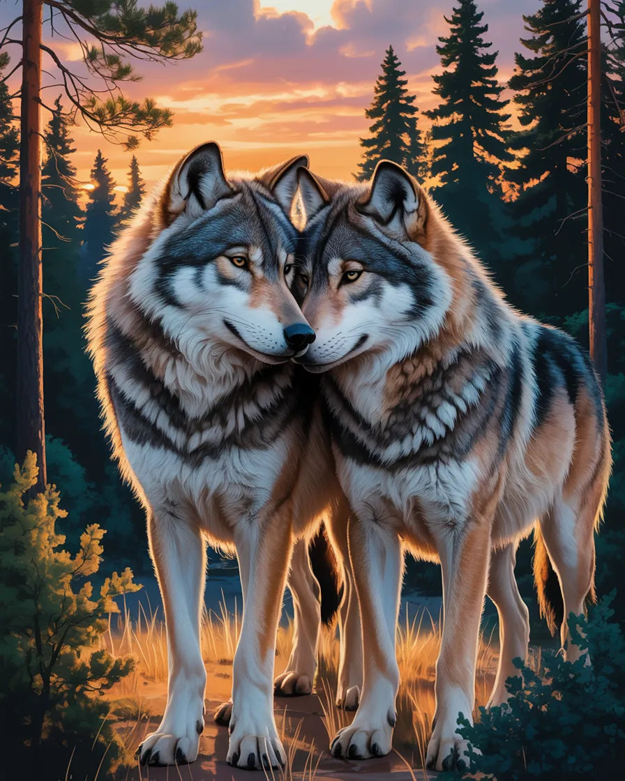 Two wolves standing close together in a forest at sunset. Wolf Couple - Diamond painting