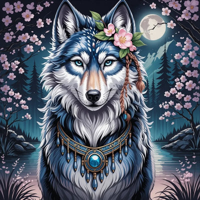 Wolf with floral headband and necklace in a forest setting. Wolf in flowers fantasy - Diamond art world