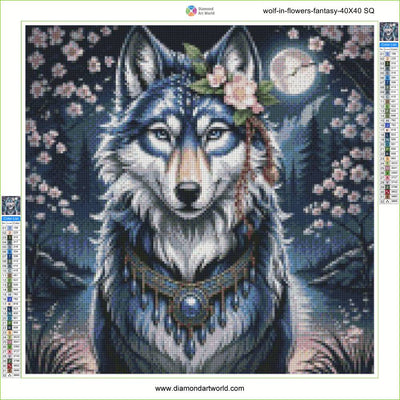 Wolf with floral headband and moonlit background, diamond painting style. Wolf in flowers fantasy - Diamond painting layout