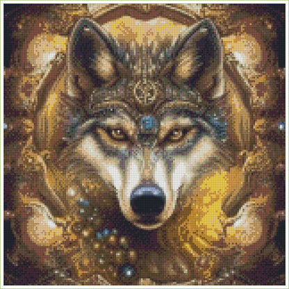 Wolf's face with decorative elements and a warm background. Wolf of an Indian King - Diamond art