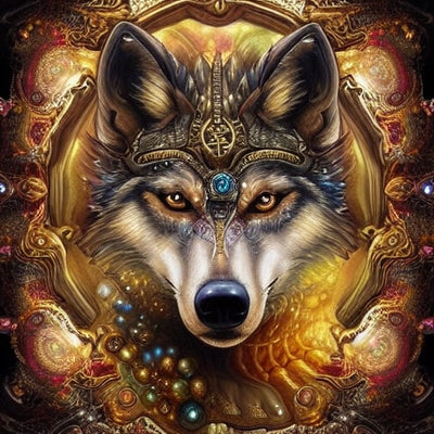 Wolf with ornate helmet and gemstones in a decorative frame. Wolf of an Indian King - Diamond painting
