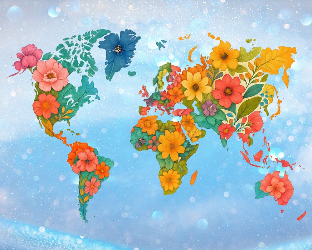 World map made of colorful flowers and leaves on a blue background. World Map - Diamond Painting