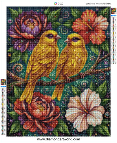 Yellow Birds in Flowers - Diamond Painting Layout
