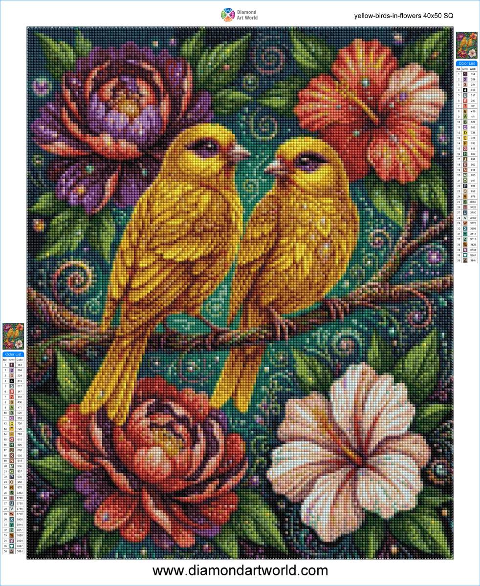 Yellow Birds in Flowers - Diamond Painting Layout